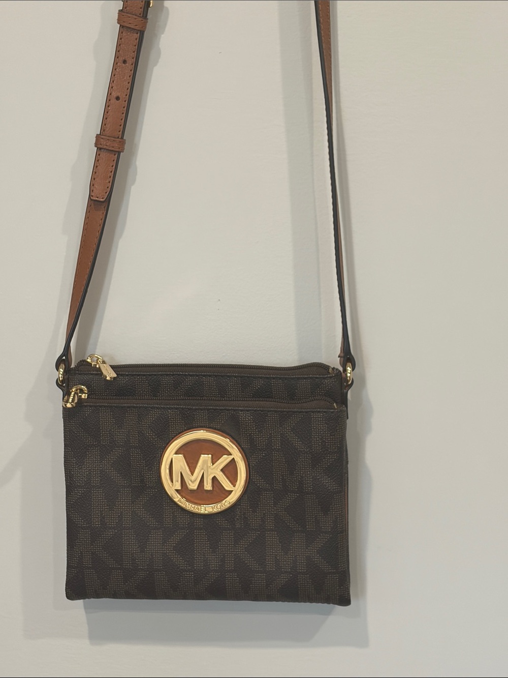 Michael Kors Brown MK Monogram Crossbody with Tan Strap and Gold Hardware